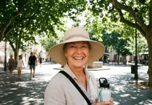 Hipertermia Silenciosa: O perigo oculto do calor após os 60 anos (e como se proteger). Mulher idosa sorrindo, usando chapéu e segurando garrafa de água em uma praça sombreada.