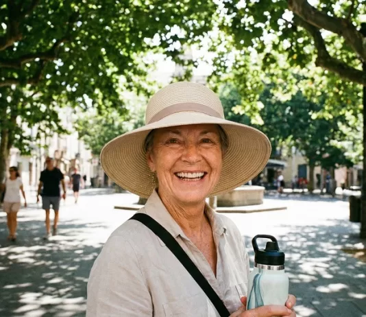 Mulher idosa sorrindo, usando chapéu e segurando garrafa de água em uma praça sombreada.