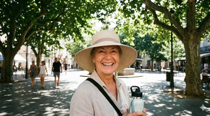 Hipertermia Silenciosa: O perigo oculto do calor após os 60 anos (e como se proteger). Mulher idosa sorrindo, usando chapéu e segurando garrafa de água em uma praça sombreada.